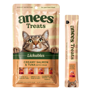Anees Treats Lickables Creamy Salmon & Tuna with Crab, pack and sachet