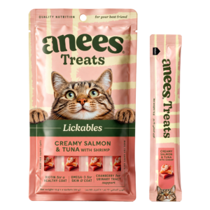 Anees Treats Lickables Creamy Salmon & Tuna with Shrimp, pack and sachet