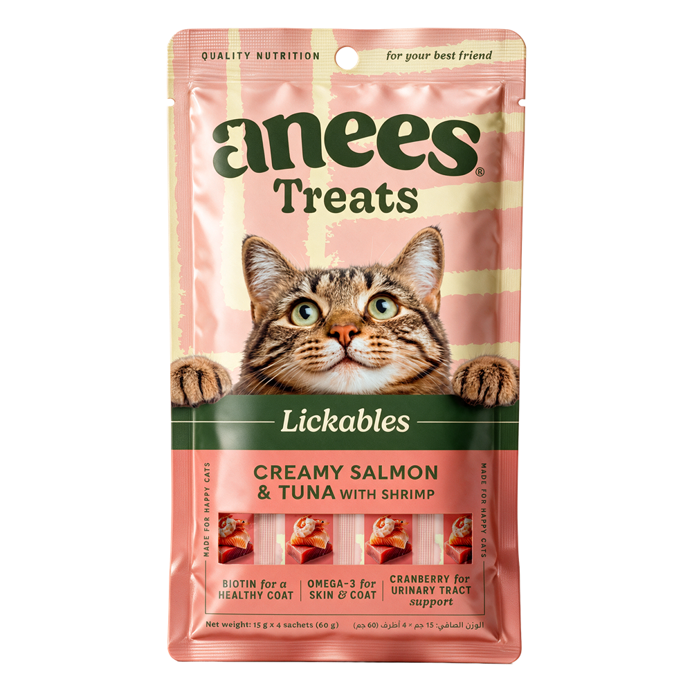 Anees Treats Lickables Creamy Salmon & Tuna with Shrimp, pack of 4